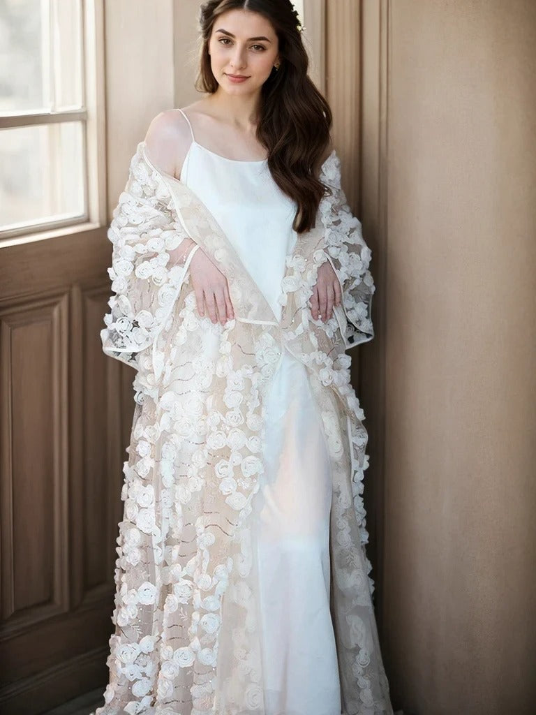 Ethereal 3D Floral Lace Bridal Robe – Elegant Sheer Wedding Cover-Up SelenaHuanStudio