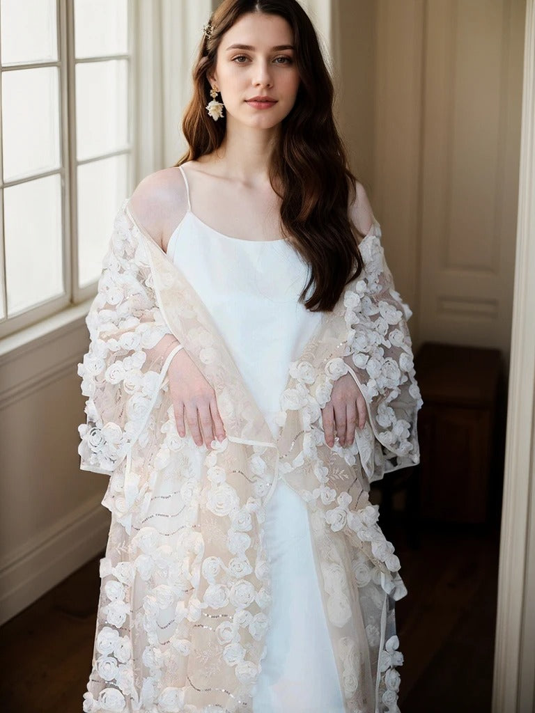 Ethereal 3D Floral Lace Bridal Robe – Elegant Sheer Wedding Cover-Up SelenaHuanStudio