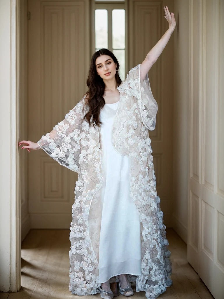 Ethereal 3D Floral Lace Bridal Robe – Elegant Sheer Wedding Cover-Up SelenaHuanStudio