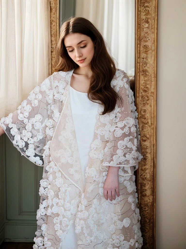 Ethereal 3D Floral Lace Bridal Robe – Elegant Sheer Wedding Cover-Up SelenaHuanStudio