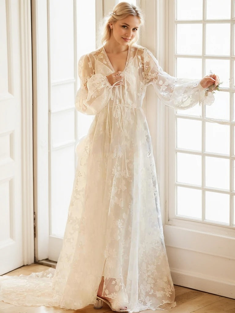 Ethereal Lace Long-Sleeve Sheer Bridal Robe Dress with Train SelenaHuanStudio