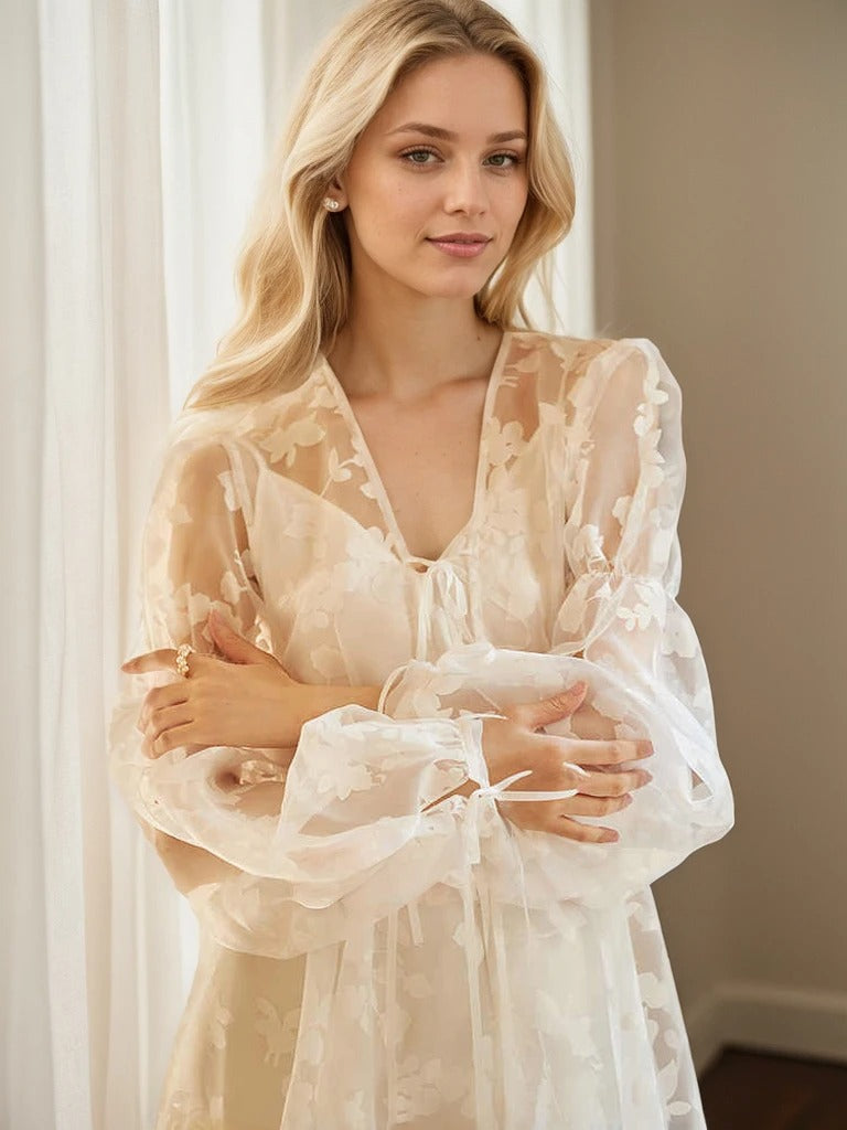 Ethereal Lace Long-Sleeve Sheer Bridal Robe Dress with Train SelenaHuanStudio