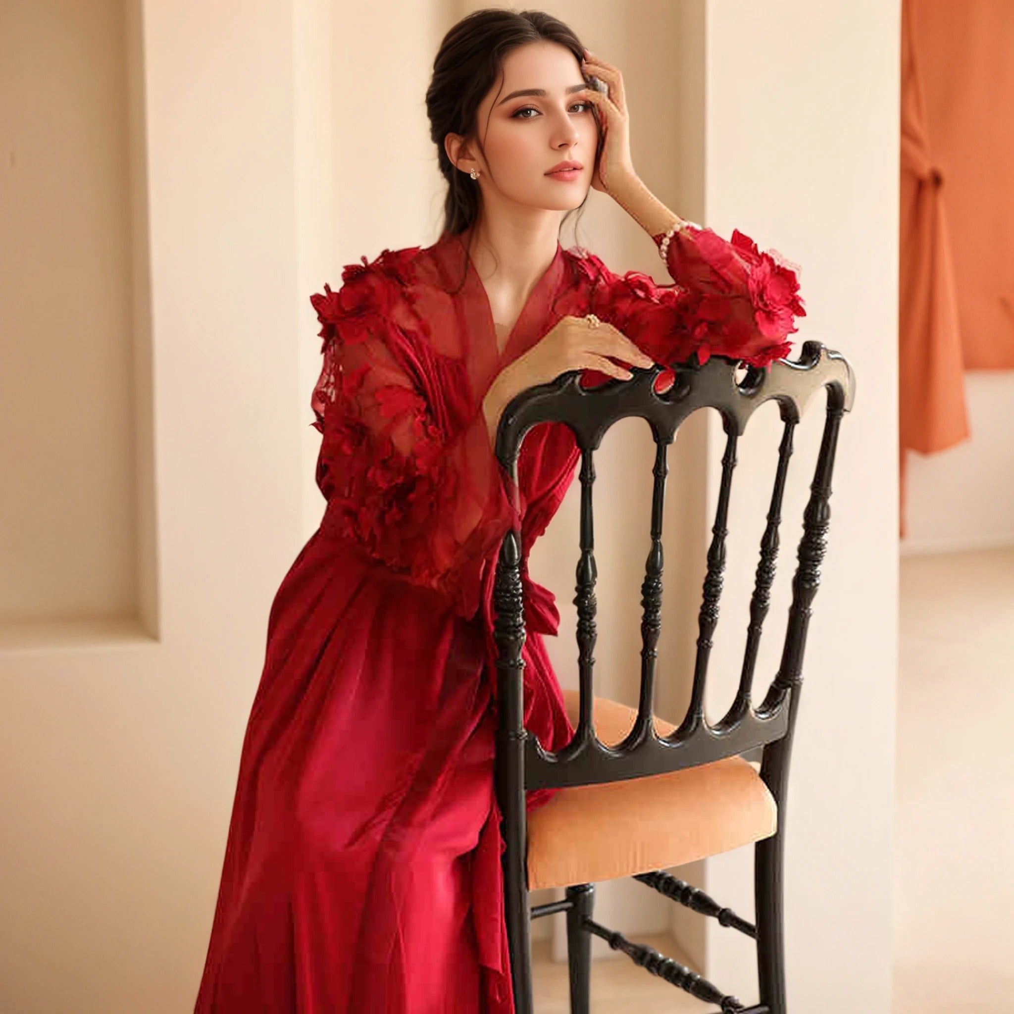 3D Floral Appliqué Sheer Sleeve Satin Robe – Wine Red or Ivory White SelenaHuanStudio