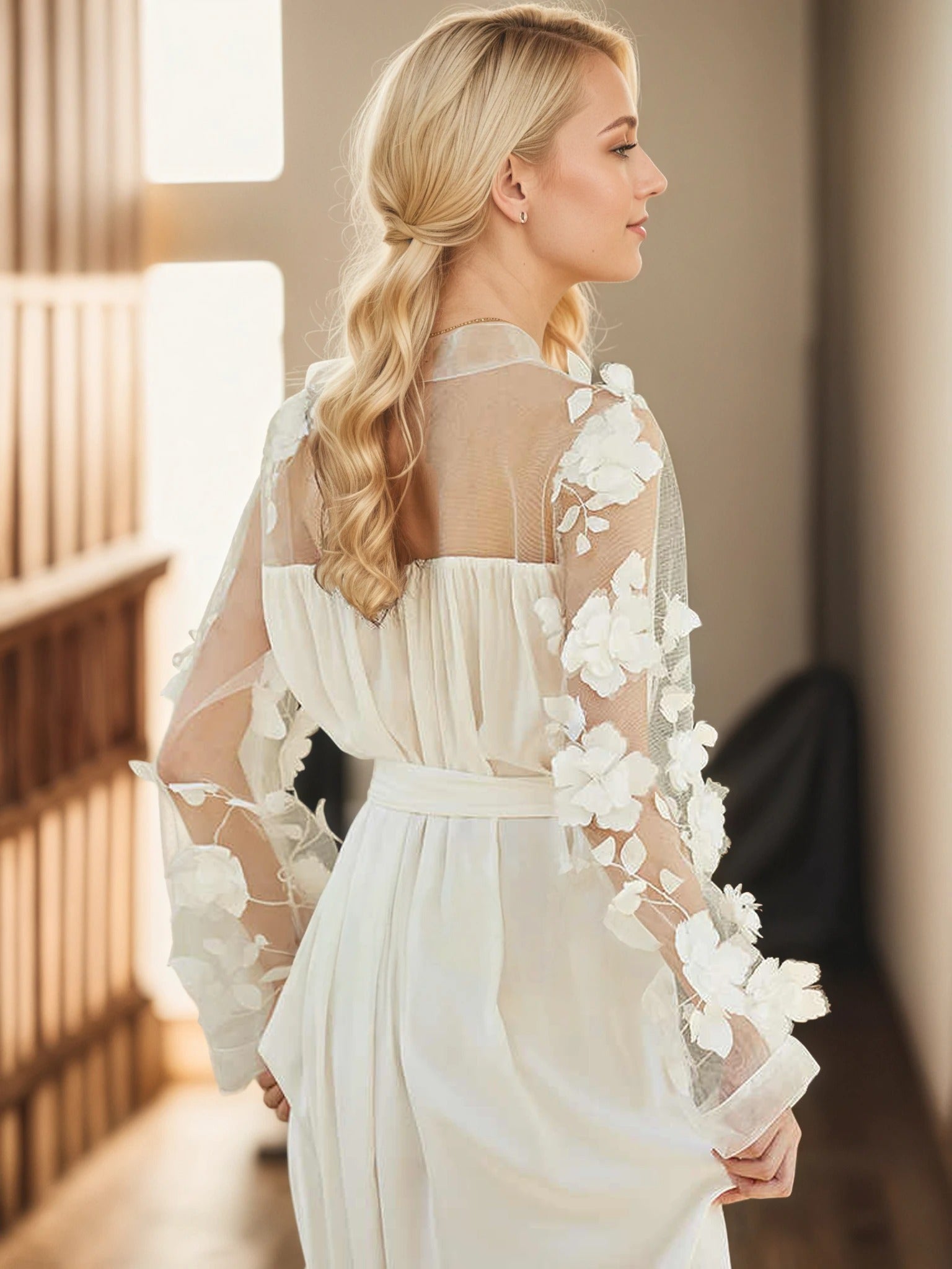 3D Floral Appliqué Sheer Sleeve Satin Robe – Wine Red or Ivory White SelenaHuanStudio