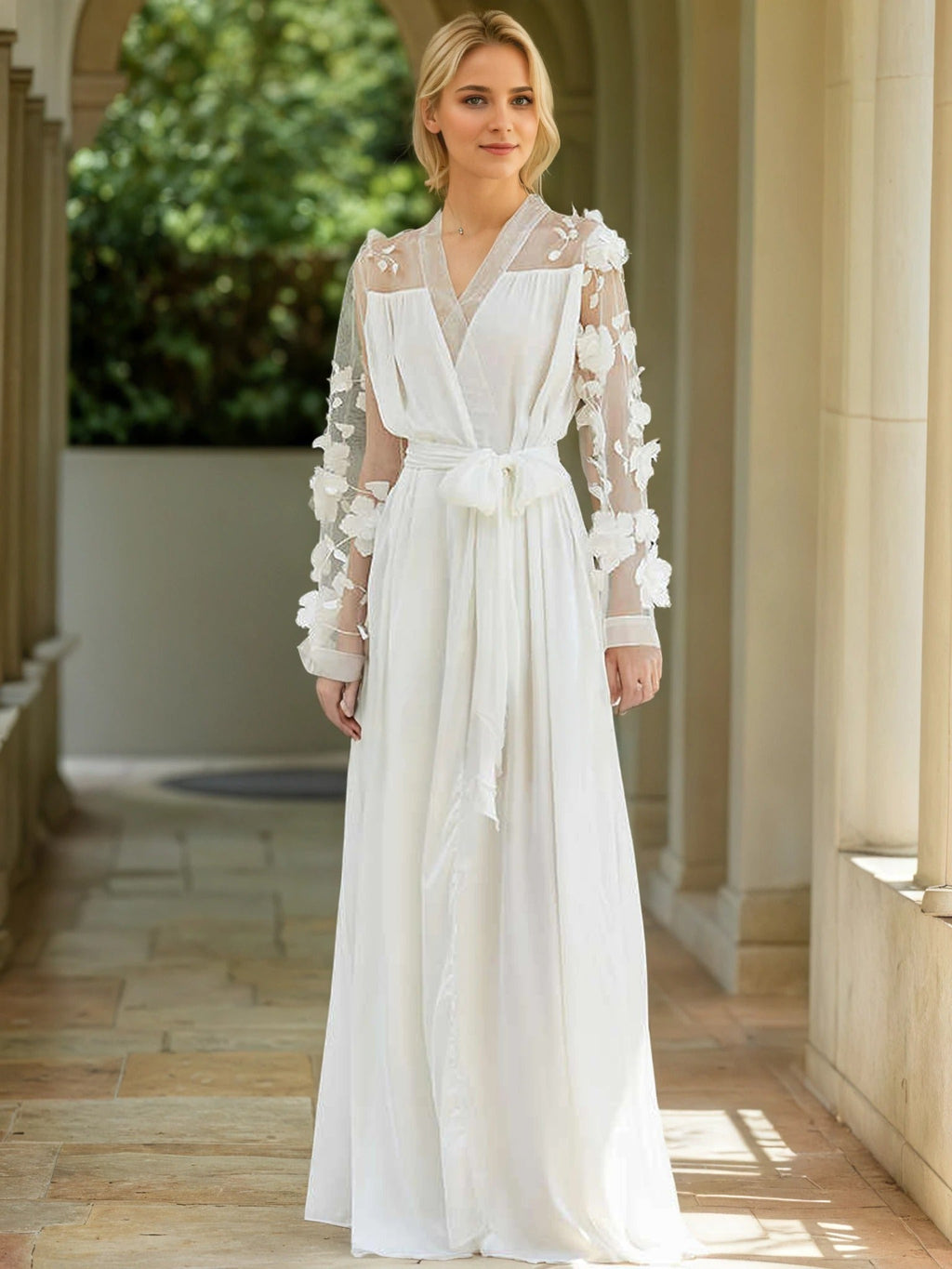 3D Floral Appliqué Sheer Sleeve Satin Robe – Wine Red or Ivory White