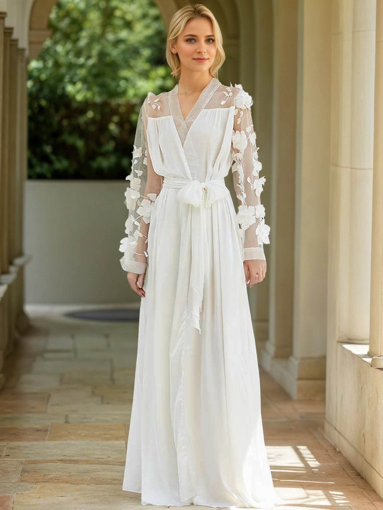 3D Floral Appliqué Sheer Sleeve Satin Robe – Wine Red or Ivory White SelenaHuanStudio