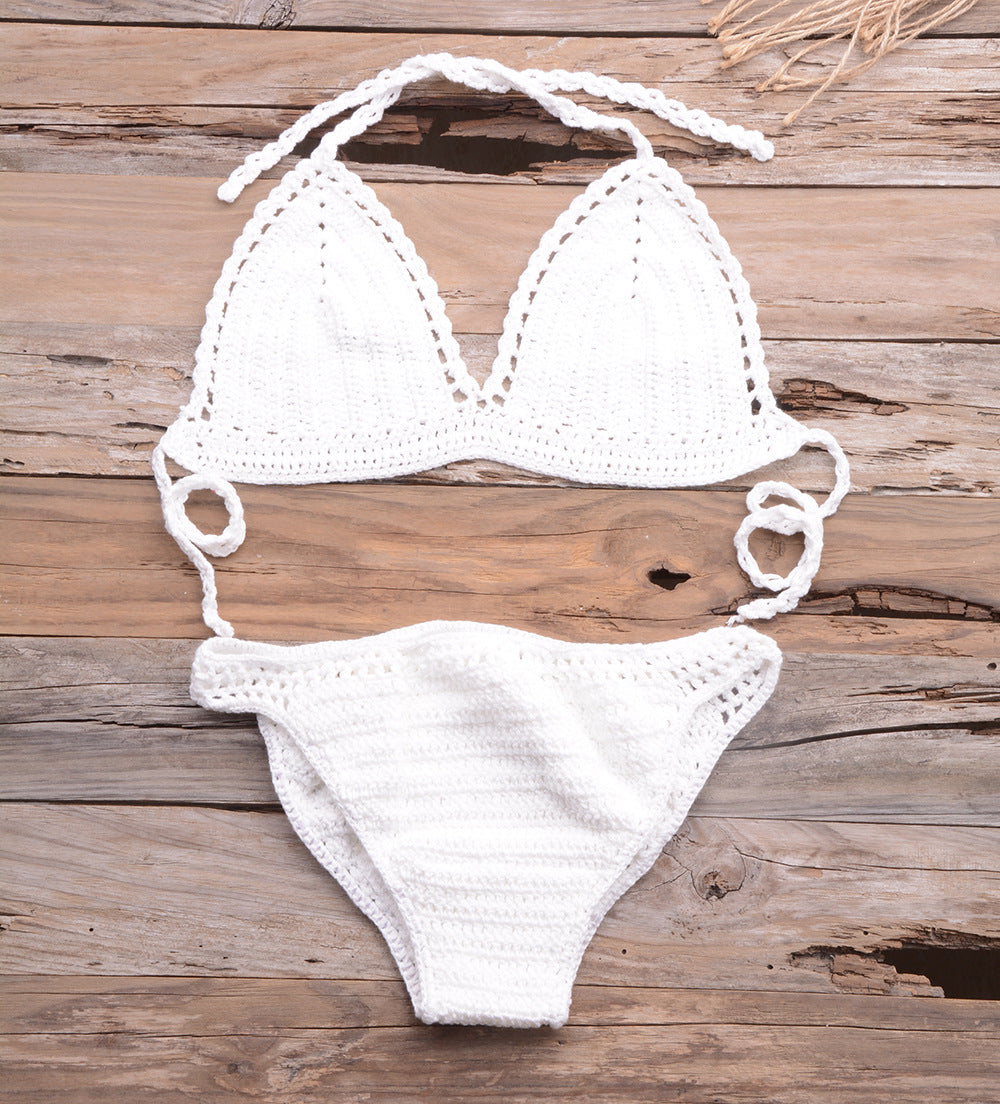 Beach Matching Split Bikini Hollow Out Cutout Hand Crocheting Woven Solid Color Swimsuit Set Bella Mia