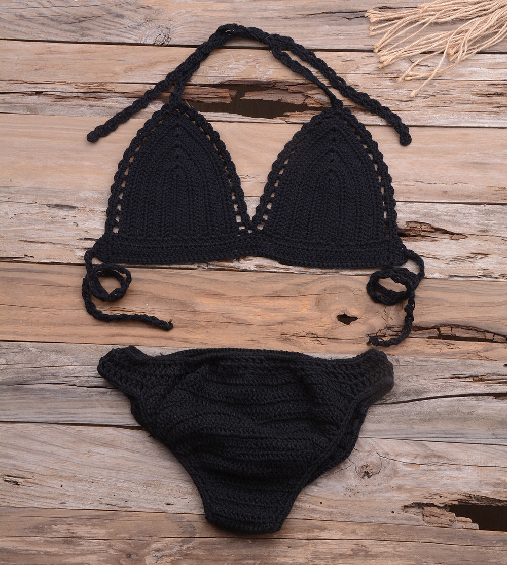 Beach Matching Split Bikini Hollow Out Cutout Hand Crocheting Woven Solid Color Swimsuit Set Bella Mia