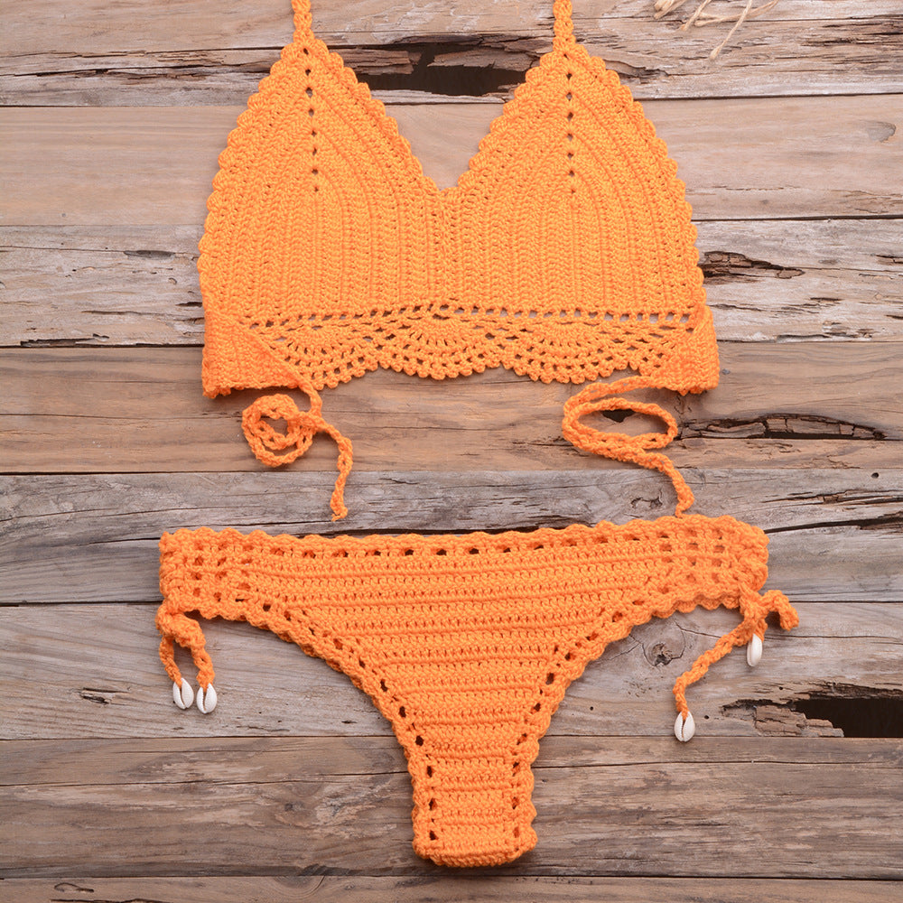 Beach Hollow-out Handmade Woven Split Strap Tank-Top Matching Shell Bikini Briefs Bella Mia