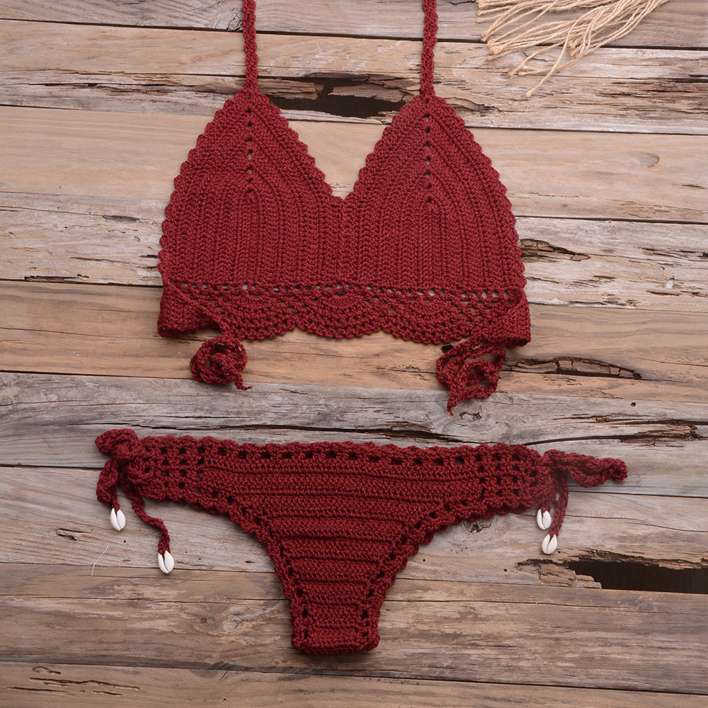 Beach Hollow-out Handmade Woven Split Strap Tank-Top Matching Shell Bikini Briefs Bella Mia