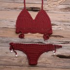 Beach Hollow-out Handmade Woven Split Strap Tank-Top Matching Shell Bikini Briefs Bella Mia