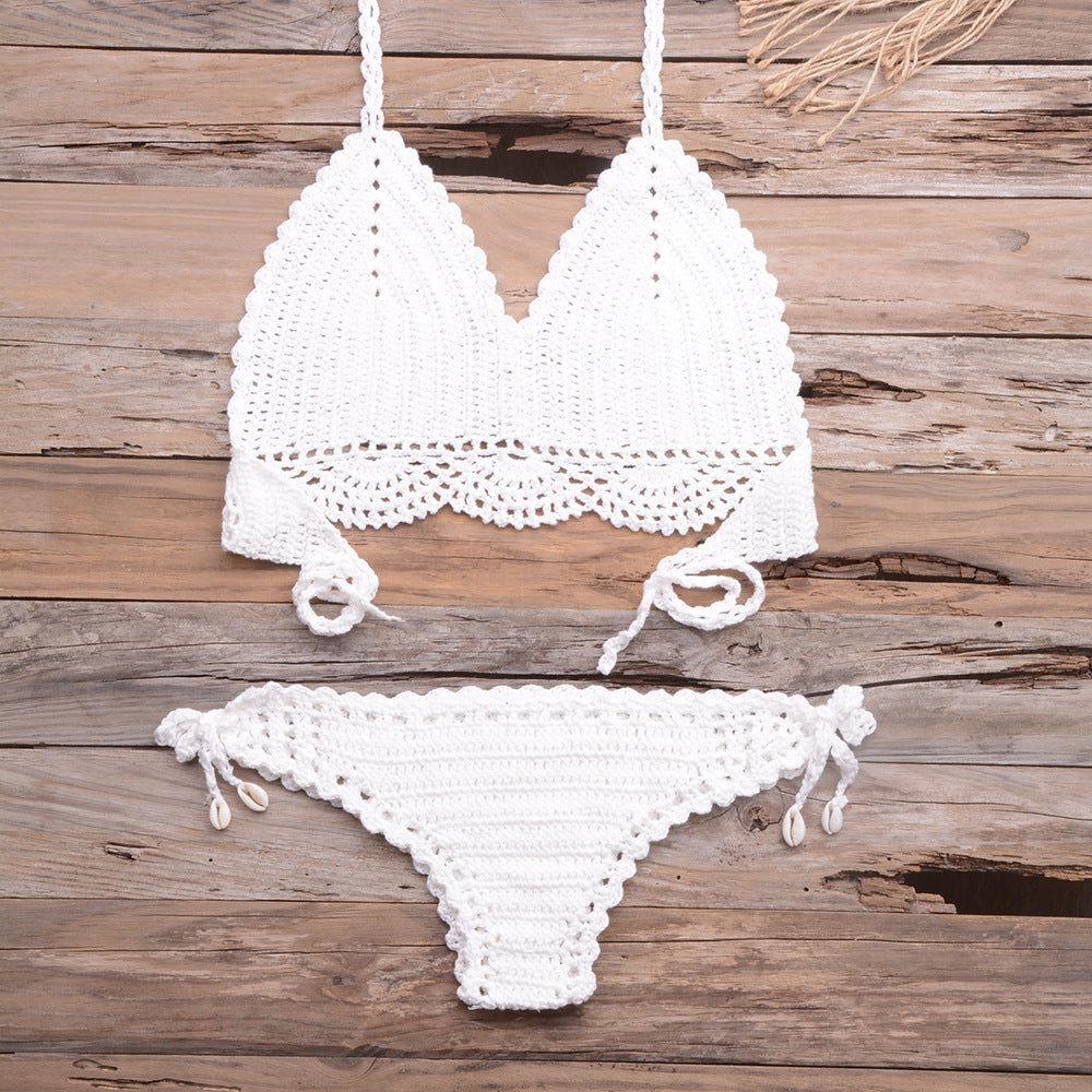 Beach Hollow-out Handmade Woven Split Strap Tank-Top Matching Shell Bikini Briefs Bella Mia