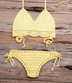 Beach Hollow-out Handmade Woven Split Strap Tank-Top Matching Shell Bikini Briefs Bella Mia