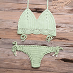 Beach Hollow-out Handmade Woven Split Strap Tank-Top Matching Shell Bikini Briefs Bella Mia