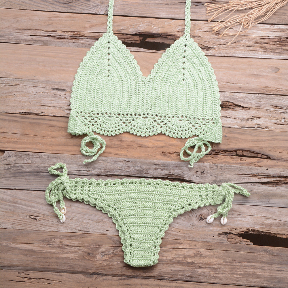 Beach Hollow-out Handmade Woven Split Strap Tank-Top Matching Shell Bikini Briefs Bella Mia