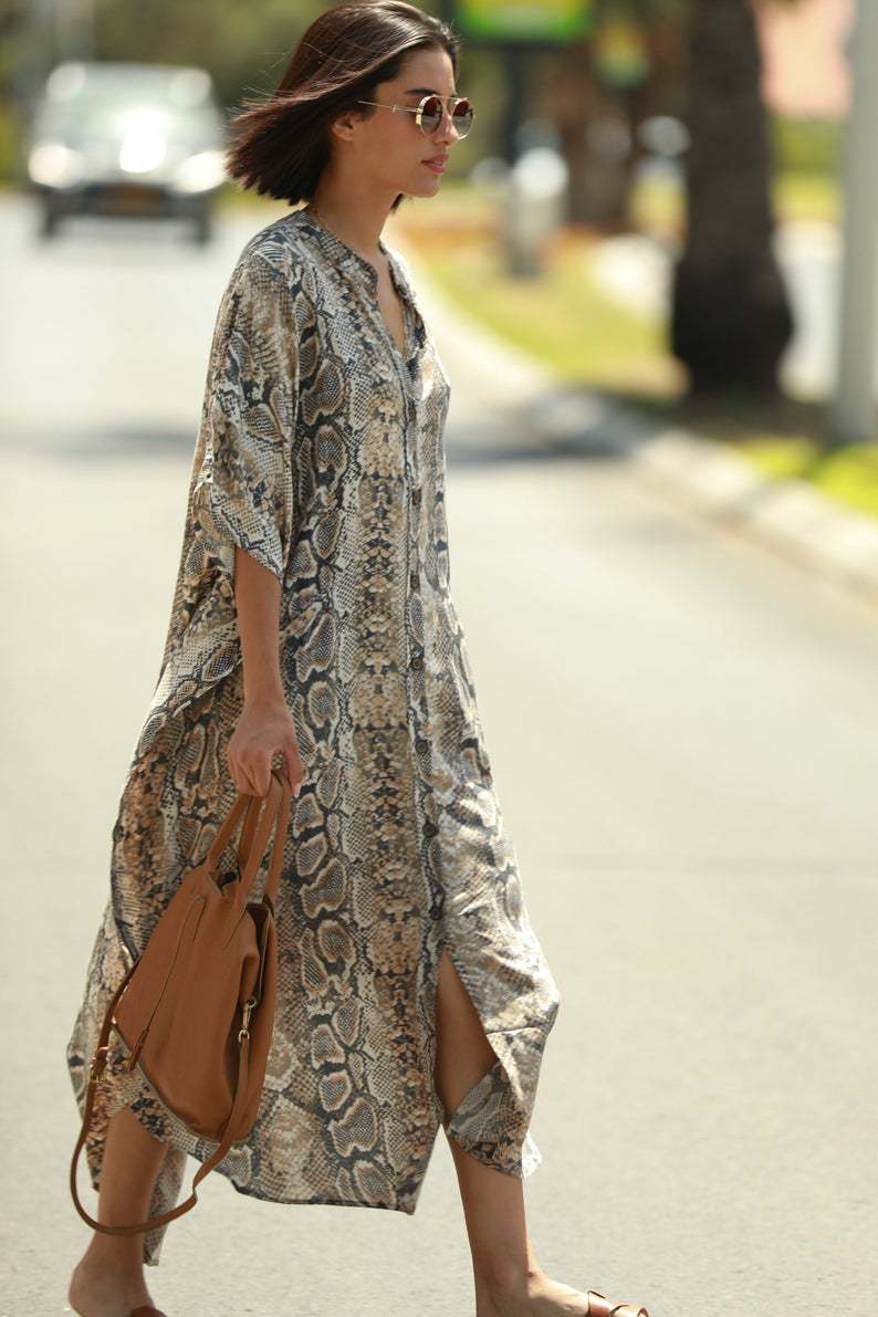 Beach Cover-up Elastic Printing Oversized Button Vacation Robe Bella Mia