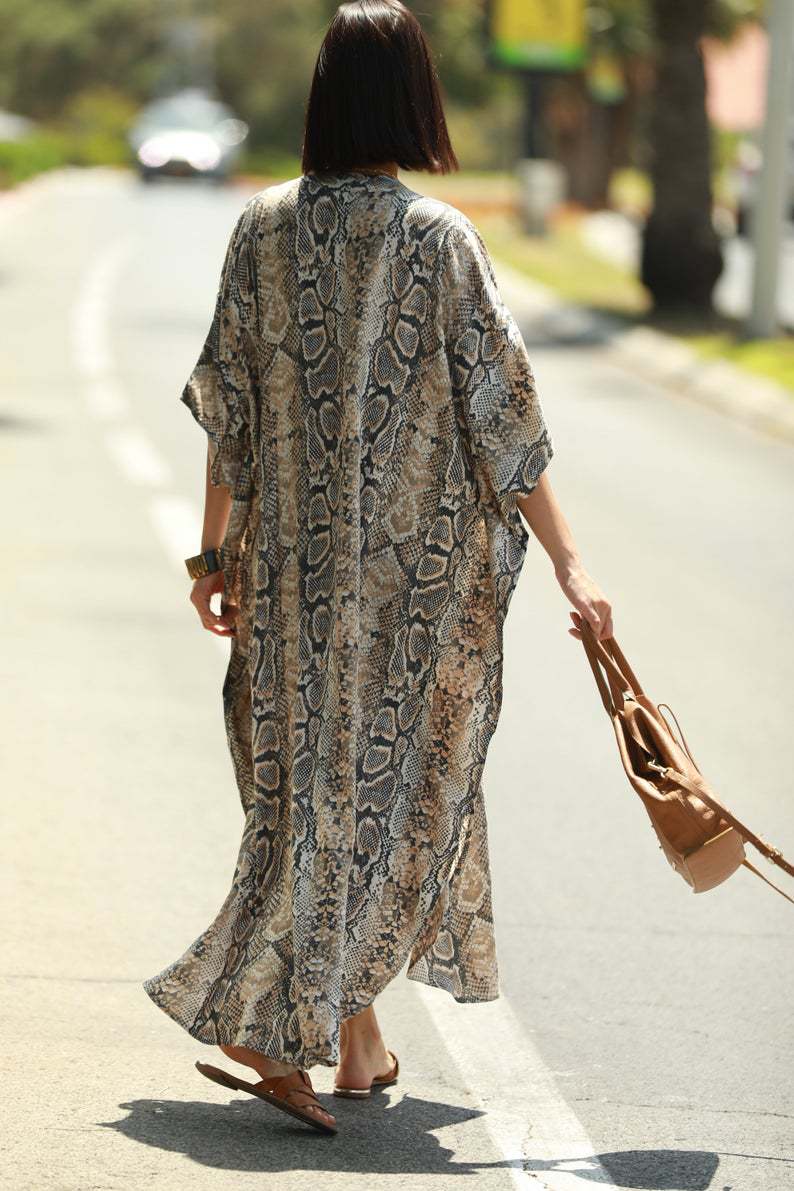 Beach Cover-up Elastic Printing Oversized Button Vacation Robe Bella Mia
