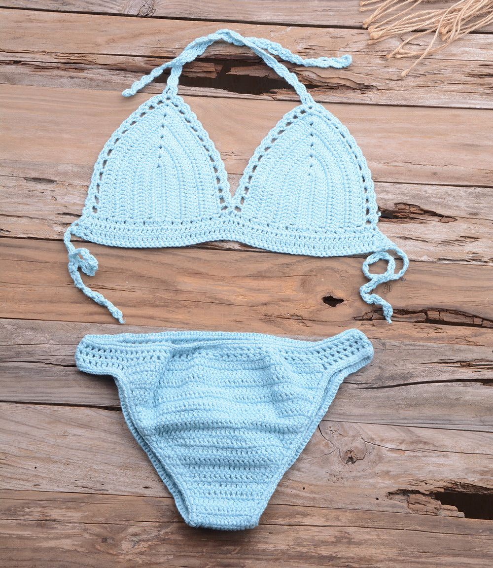 Beach Matching Split Bikini Hollow Out Cutout Hand Crocheting Woven Solid Color Swimsuit Set Bella Mia