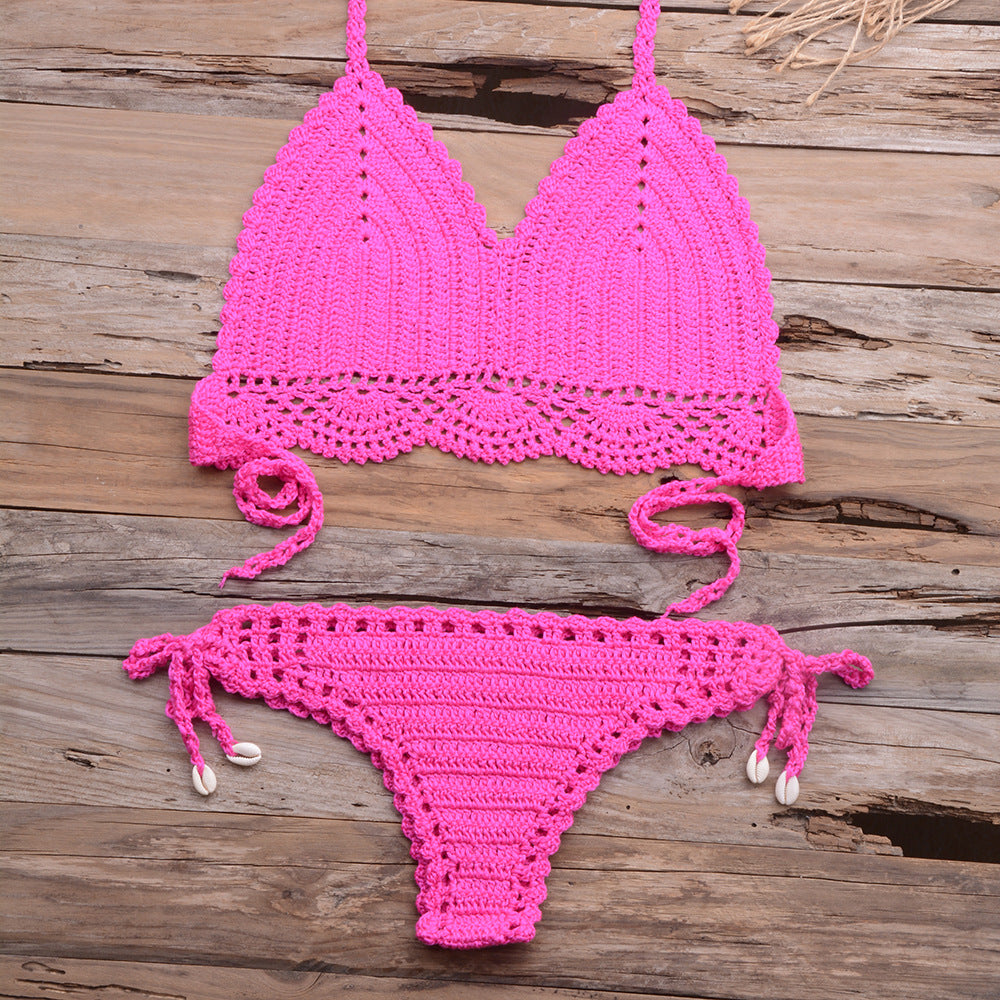 Beach Hollow-out Handmade Woven Split Strap Tank-Top Matching Shell Bikini Briefs Bella Mia