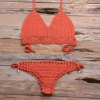 Beach Hollow-out Handmade Woven Split Strap Tank-Top Matching Shell Bikini Briefs Bella Mia