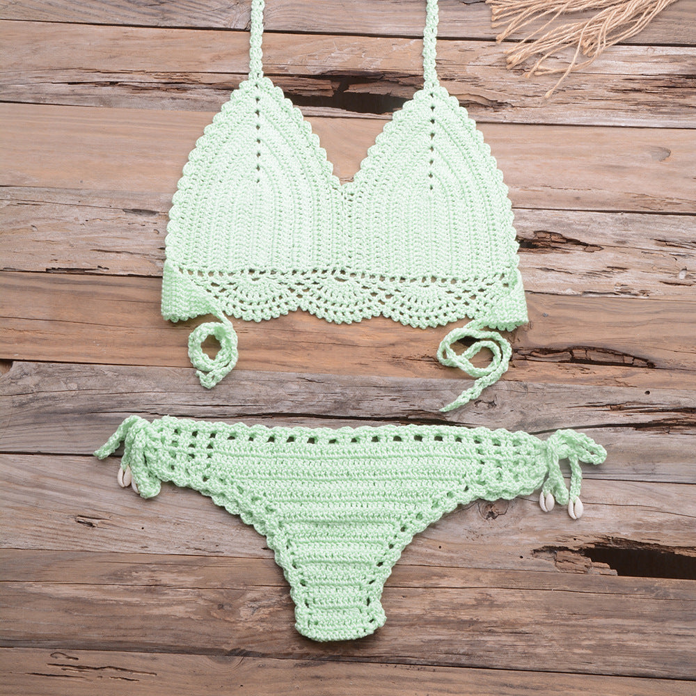 Beach Hollow-out Handmade Woven Split Strap Tank-Top Matching Shell Bikini Briefs Bella Mia