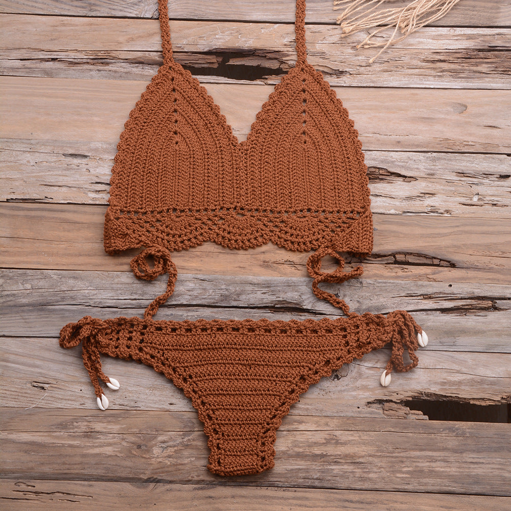 Beach Hollow-out Handmade Woven Split Strap Tank-Top Matching Shell Bikini Briefs Bella Mia