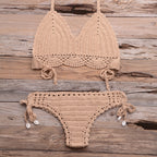 Beach Hollow-out Handmade Woven Split Strap Tank-Top Matching Shell Bikini Briefs Bella Mia