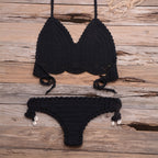 Beach Hollow-out Handmade Woven Split Strap Tank-Top Matching Shell Bikini Briefs Bella Mia