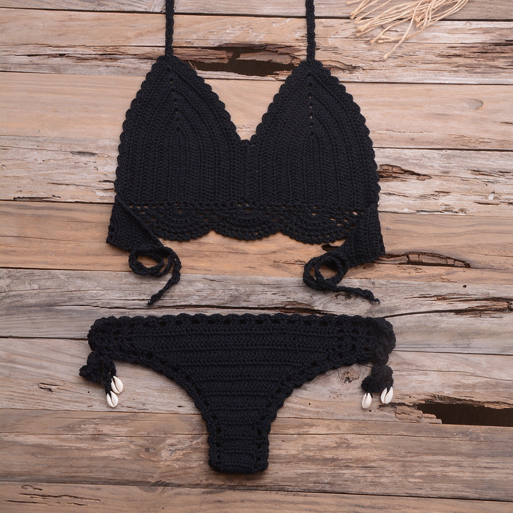 Beach Hollow-out Handmade Woven Split Strap Tank-Top Matching Shell Bikini Briefs Bella Mia