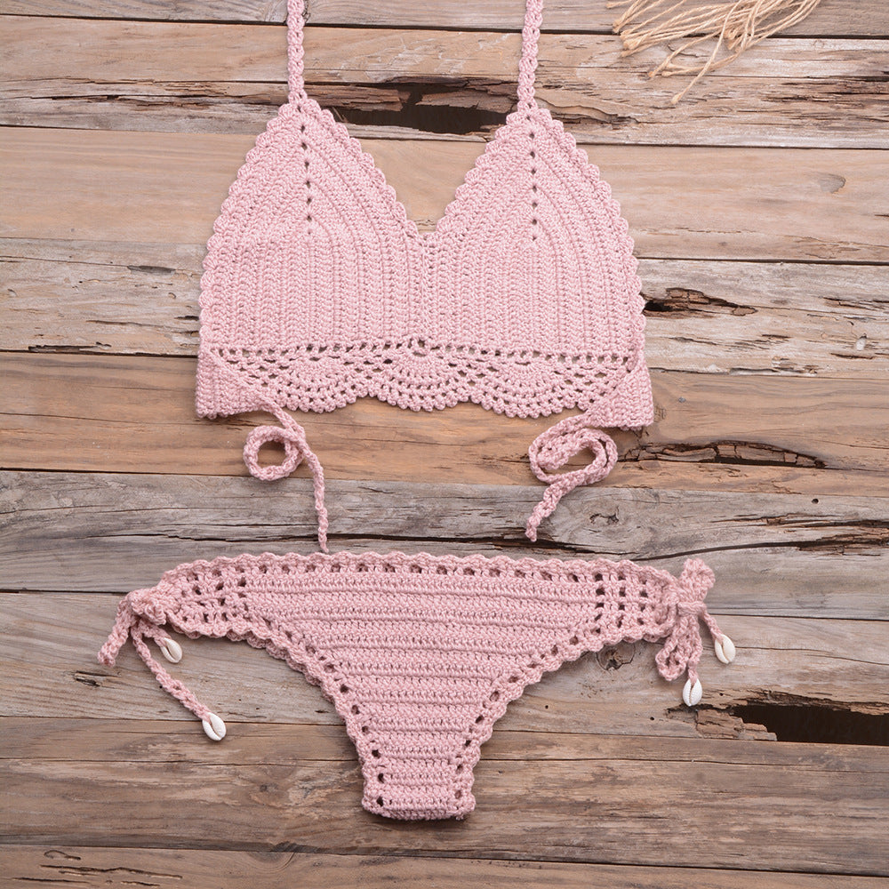 Beach Hollow-out Handmade Woven Split Strap Tank-Top Matching Shell Bikini Briefs Bella Mia