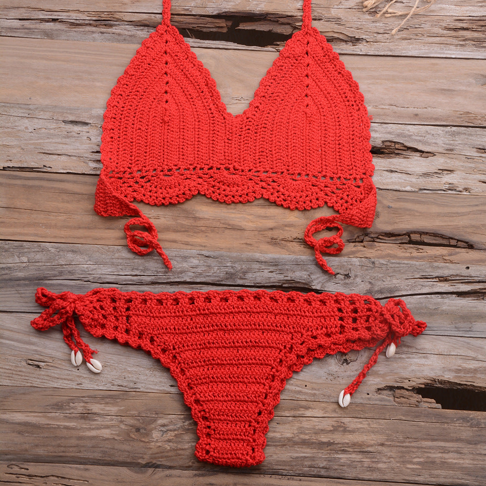 Beach Hollow-out Handmade Woven Split Strap Tank-Top Matching Shell Bikini Briefs Bella Mia