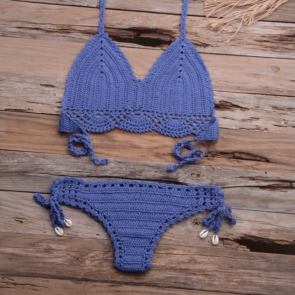 Beach Hollow-out Handmade Woven Split Strap Tank-Top Matching Shell Bikini Briefs Bella Mia