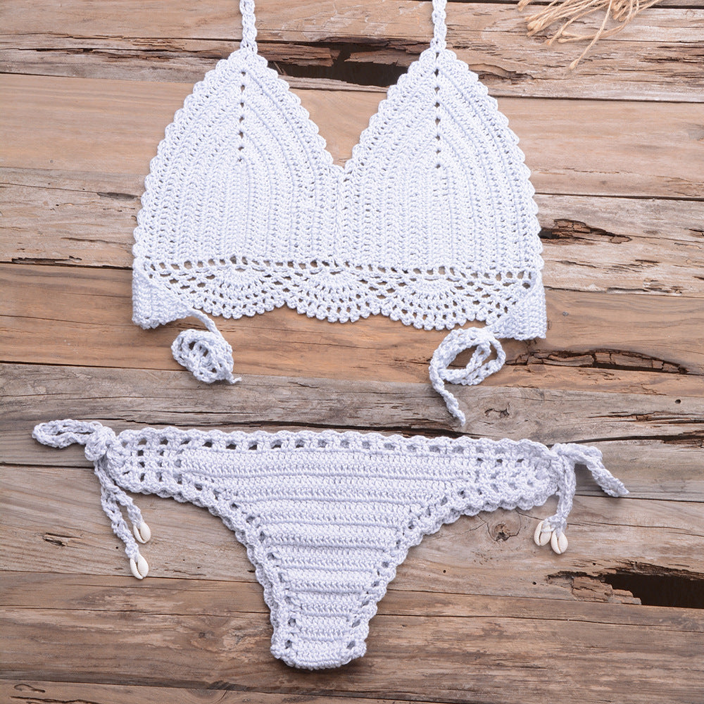Beach Hollow-out Handmade Woven Split Strap Tank-Top Matching Shell Bikini Briefs Bella Mia