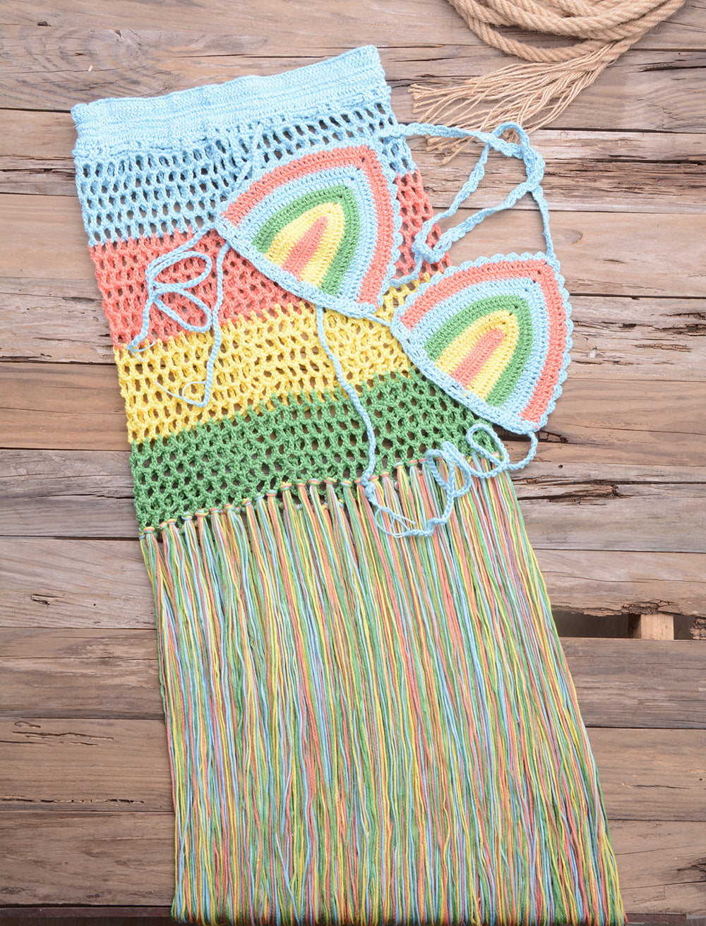 Sports Outdoor Hand-Woven Colored Tank Top Bikini Split Suit Tassel A- line Skirt Bella Mia