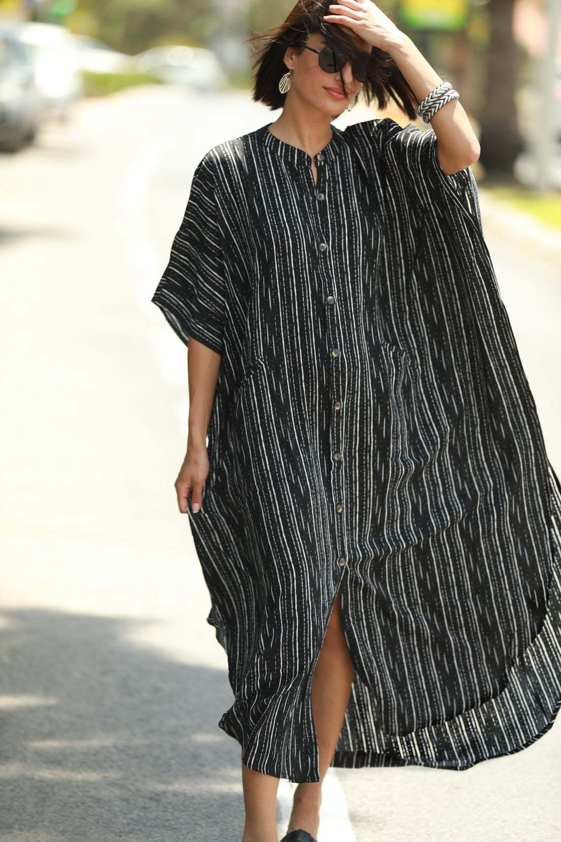Beach Cover-up Elastic Printing Oversized Button Vacation Robe Bella Mia