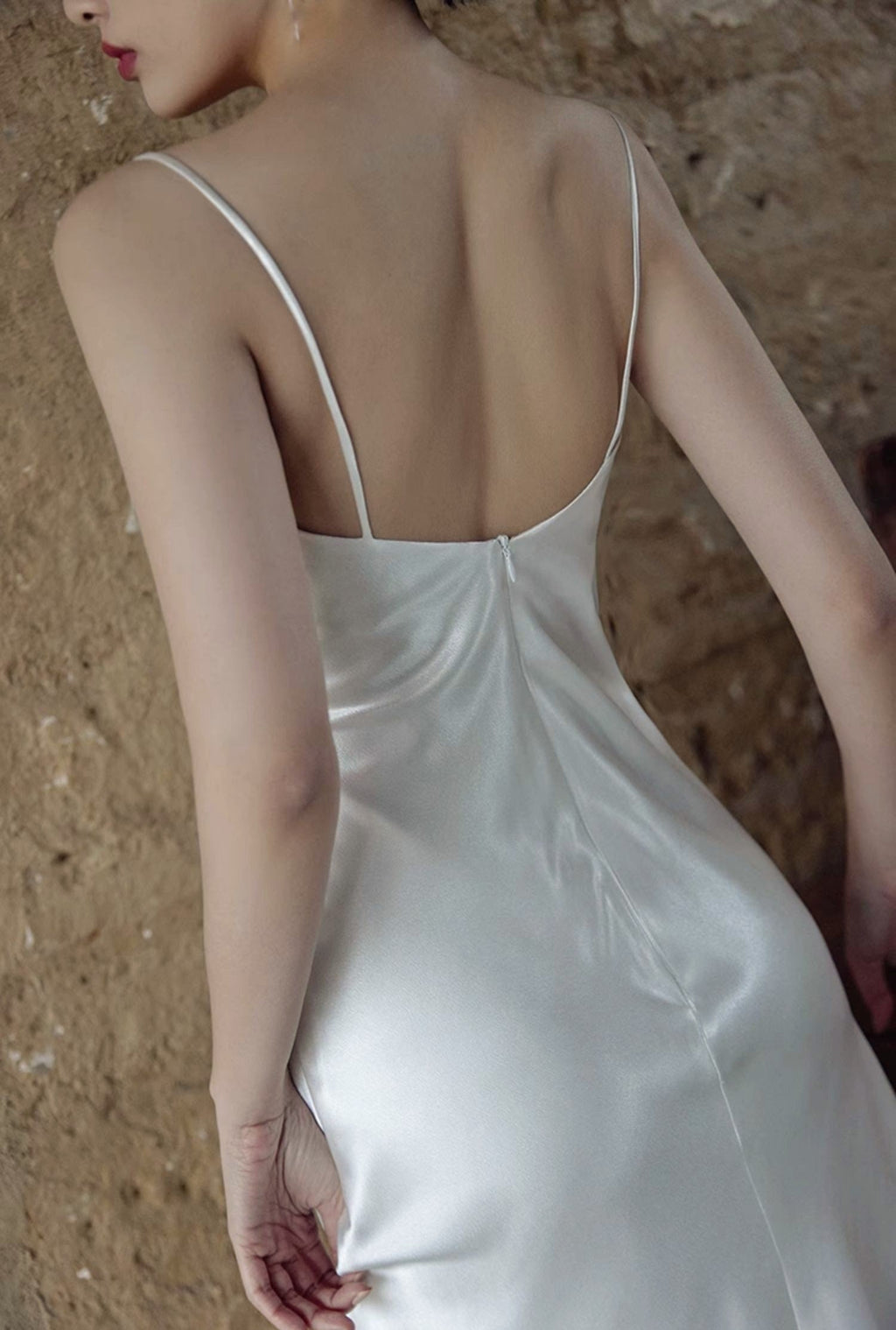 Vintage Rose-Trimmed Satin Slip Wedding Dress with Spaghetti Straps