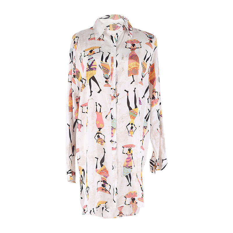 Cartoon Pattern Shirt Loose Long Sleeve Beach Cover Up Seaside Vacation Swimsuit Sun Protection Cardigan Women Bella Mia
