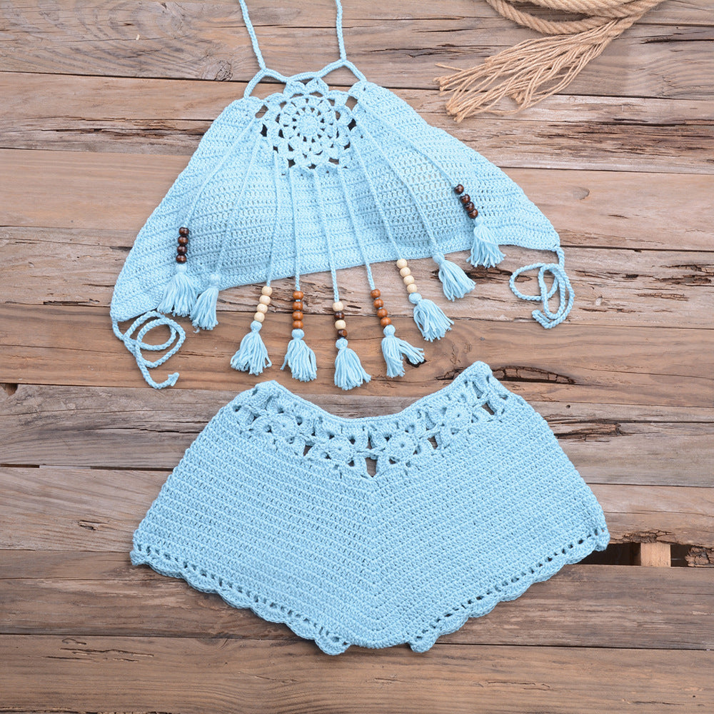 Hand-Wrapped Chest Bohemian Tassel Hollow Out Cutout Bikini Matching Hollow Out Cutout Stretch Shorts Bella Mia