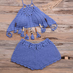 Hand-Wrapped Chest Bohemian Tassel Hollow Out Cutout Bikini Matching Hollow Out Cutout Stretch Shorts Bella Mia