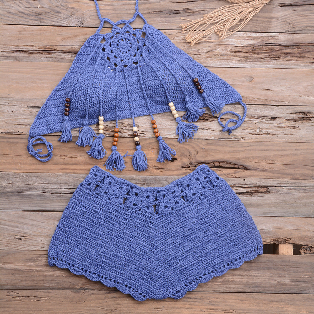 Hand-Wrapped Chest Bohemian Tassel Hollow Out Cutout Bikini Matching Hollow Out Cutout Stretch Shorts Bella Mia