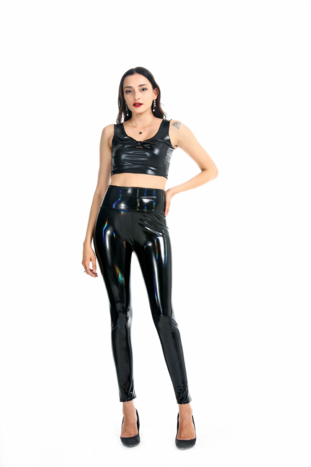 Adhesive Mirror High Elastic Leggings Faux Leather High Waist Pearlescent Colorful Red Black Women Trousers Bella Mia