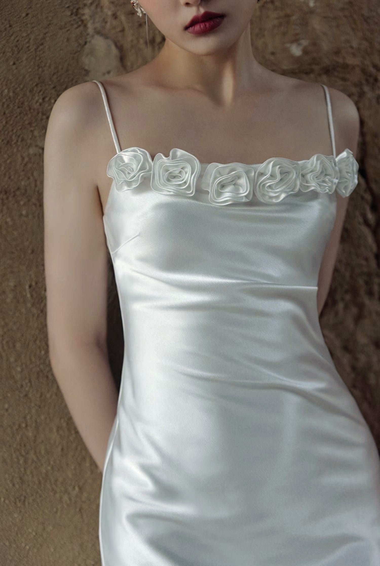 Vintage Rose-Trimmed Satin Slip Wedding Dress with Spaghetti Straps SelenaHuanStudio