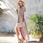 Rayon Printed Beach Jacket Vacation Loose Mid Length Sun Protection Cardigan Bikini Swimsuit Outwear Blouse Bella Mia