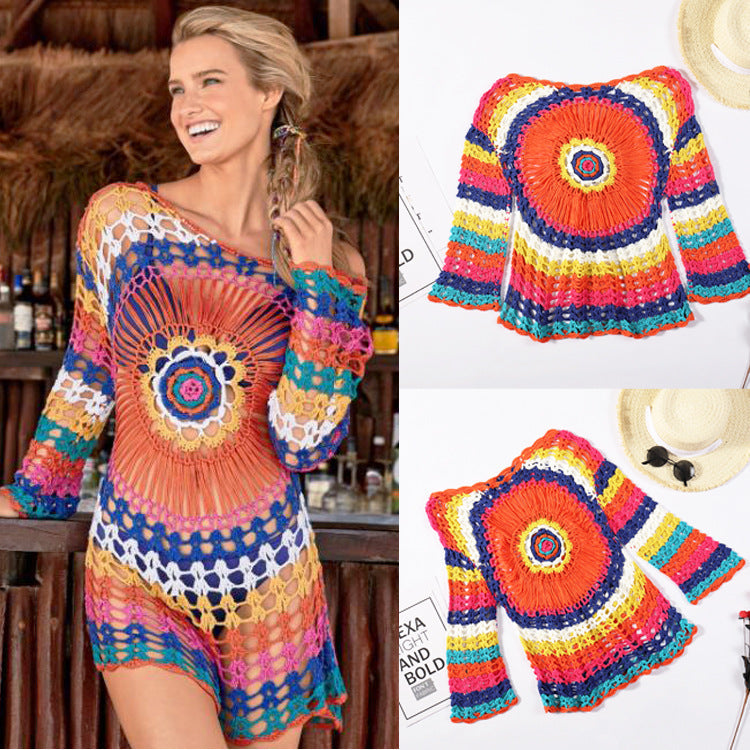 Crocheted Hollow Out Cutout Blouse Beach Knitted Blouse Long Sleeve Vacation Clothes Bikini Rainbow Sun Protection Clothing Crochet hook