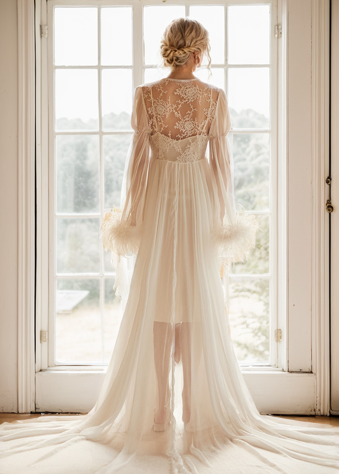 Ethereal Lace & Feather-Trimmed Sheer Bridal Robe – Vintage Luxury Loungewear SelenaHuanStudio