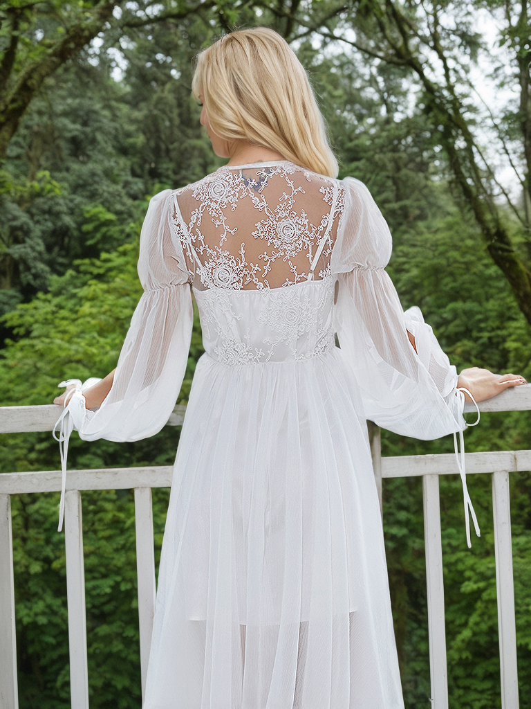 Boho Lace Embroidered Long Sheer Robe Set with Camisole Dress SelenaHuanStudio