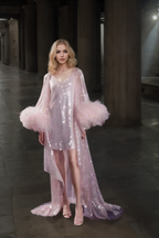 Ostrich Feather sequin mesh long robe dress with nightgown pink ivory-next day shipping SelenaHuanStudio