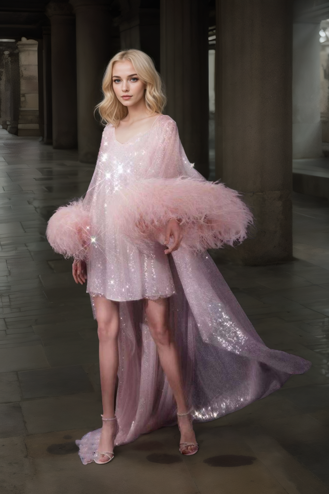 Ostrich Feather sequin mesh long robe dress with nightgown pink ivory-next day shipping SelenaHuanStudio