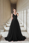 Black Queen - Black V-neck lace light-weighted low-back A-line gown colored wedding dress SelenaHuanStudio