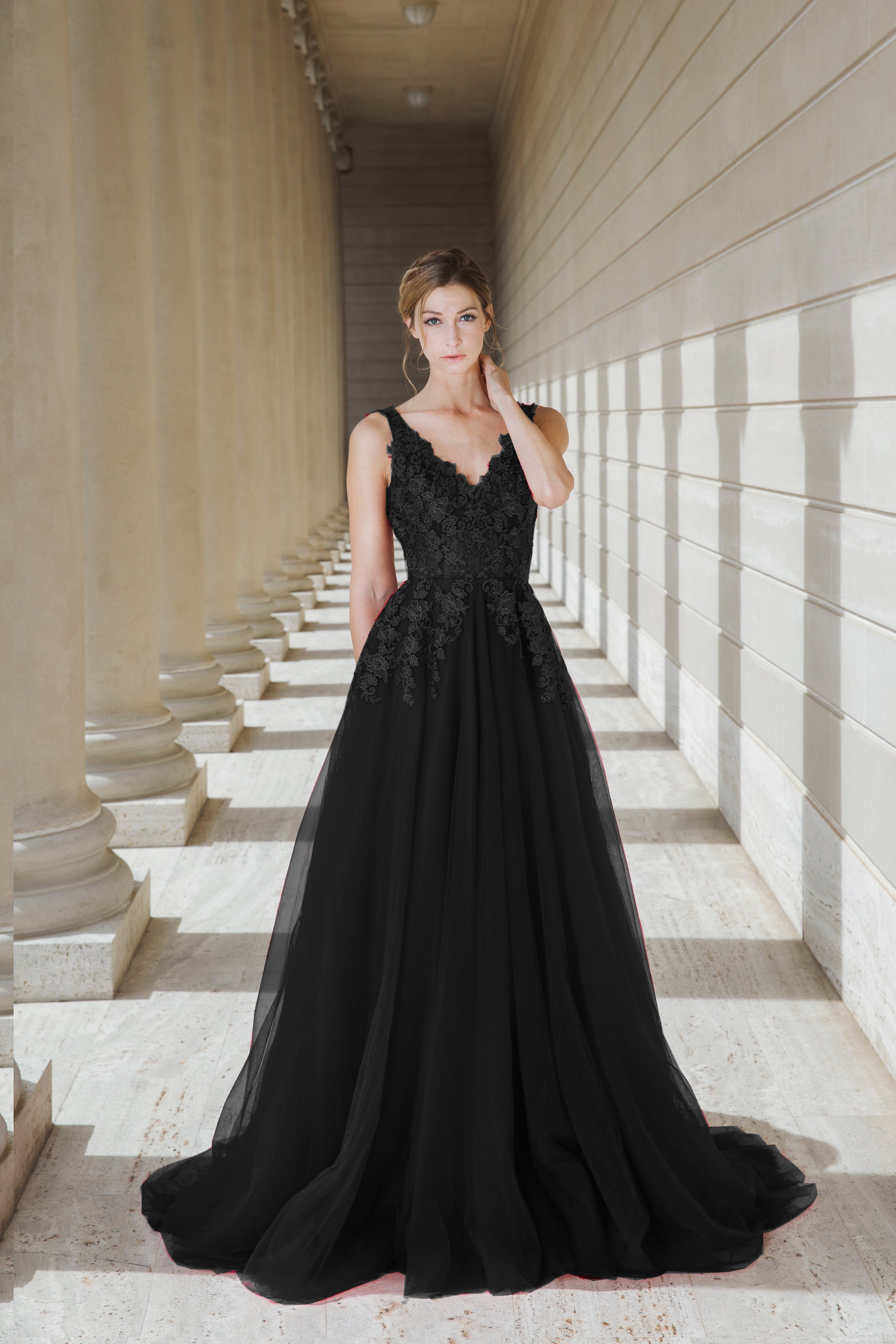 Black Queen - Black V-neck lace light-weighted low-back A-line gown colored wedding dress SelenaHuanStudio